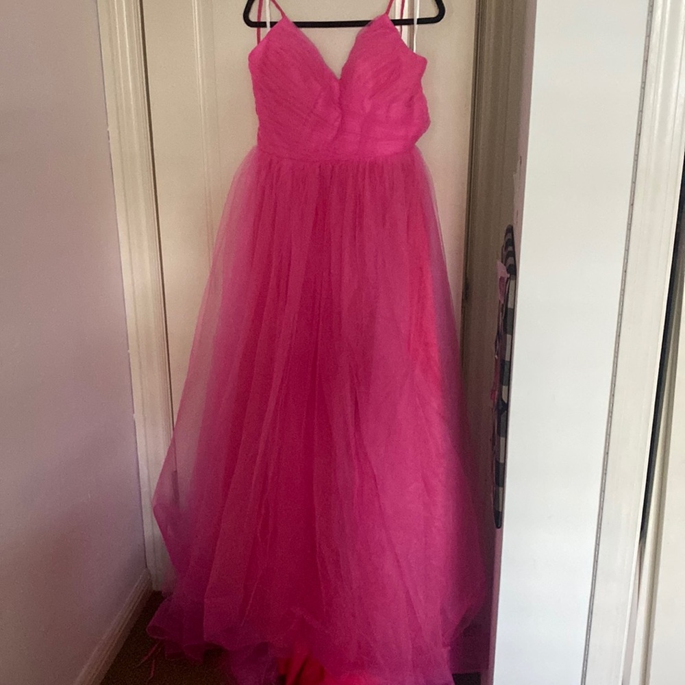 HOT PINK prom dress. Long length with a corset back. Slit on left leg.